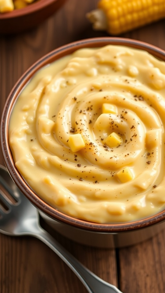 A bowl of creamy creamed corn garnished with black pepper on a wooden table.